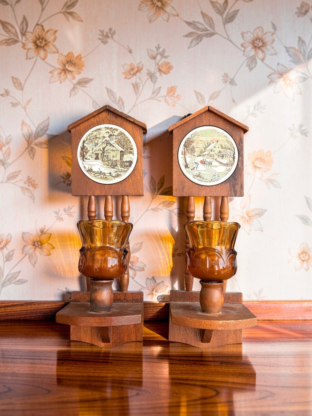 Vintage Japan Wood Wall Sconces Pair Currier Ives Amber Glass Candle Holders